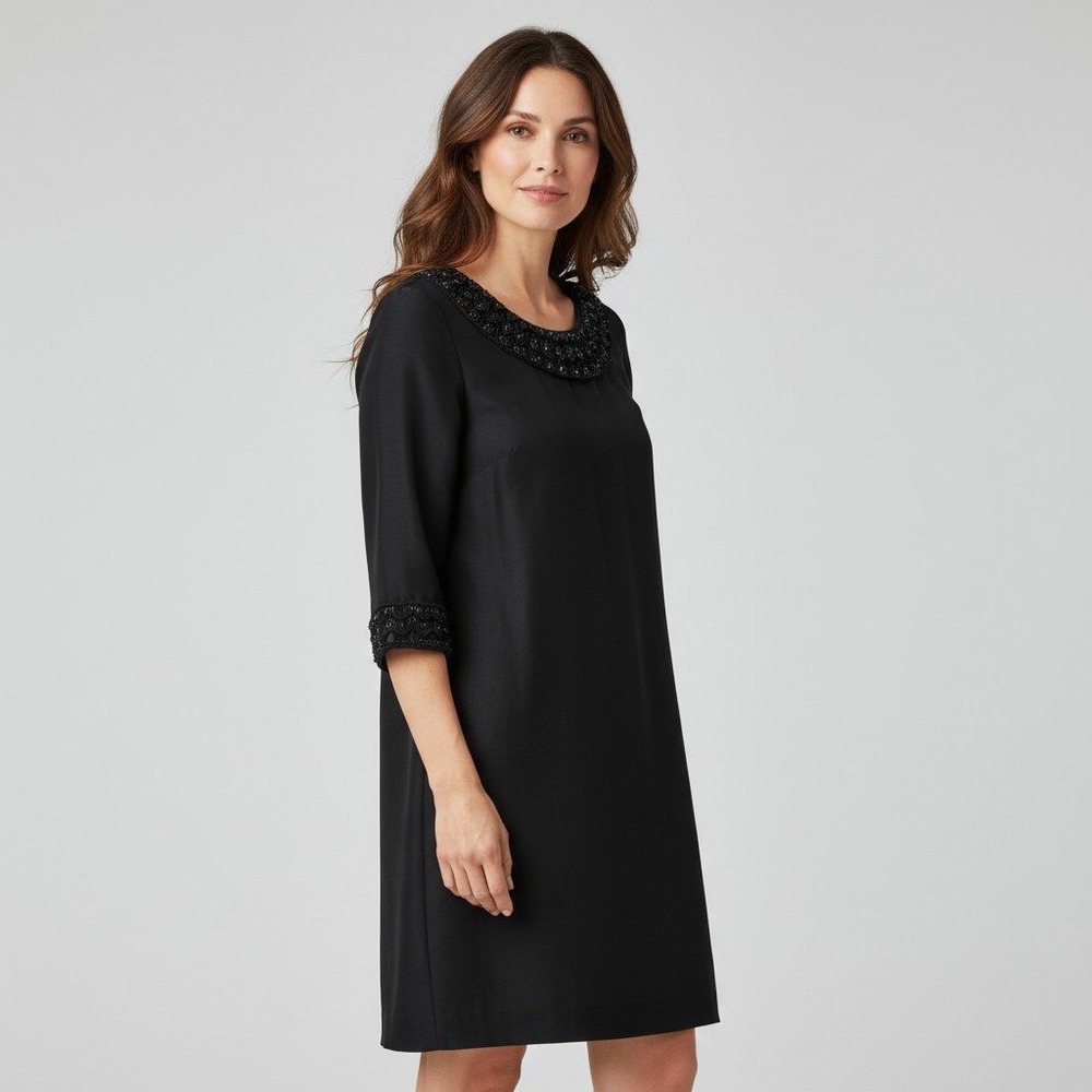 Tory Burch Black Silk Embellished Neckline Shift Dress Size 4 3/4 Sleeve LBD